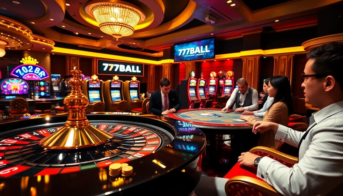 Enjoying thrilling games at 77BALL casino with vibrant roulette and poker tables.