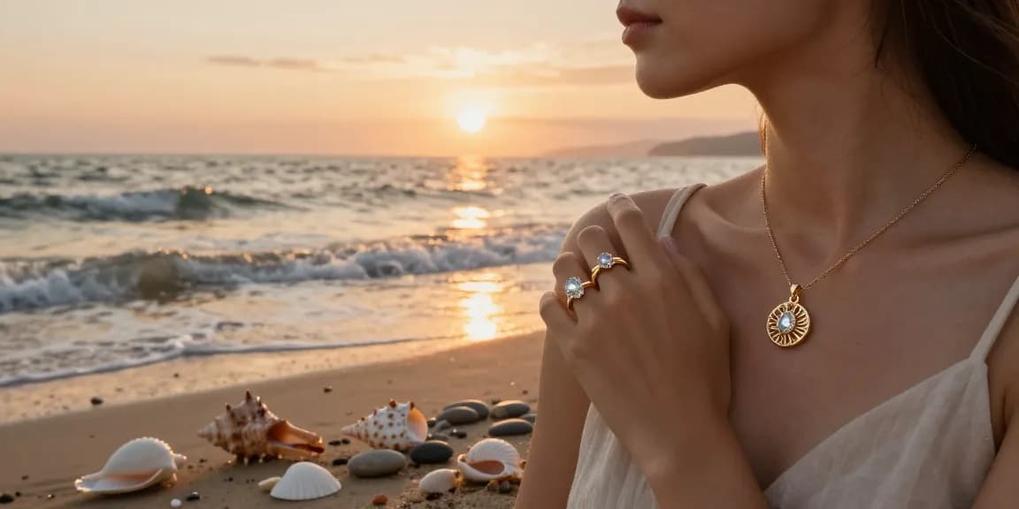 Beautiful woman wearing a recycled gold engagement ring on a beach at sunset.