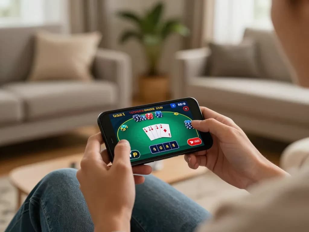 Engaged player enjoying a casino app on their smartphone while relaxing at home, exploring 789WINCOM TOWN gaming.