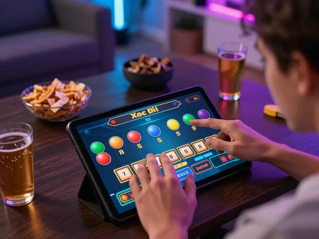 Engaging online Xóc Đĩa gameplay captured on a tablet, showcasing vibrant betting options in a cozy home setting.