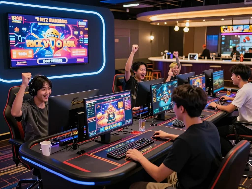Diverse players enjoying games at the B52 online gaming platform, showcasing excitement and interaction in a vibrant virtual casino.