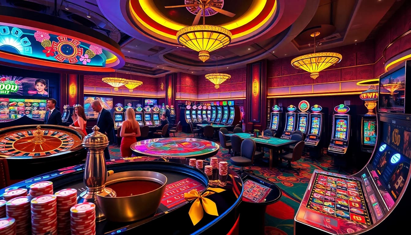 Kuwin789 engaging players in an exciting casino atmosphere with poker chips, roulette wheel, and slot machines.