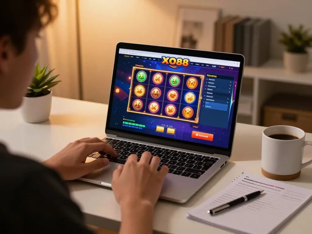 Enjoying online gaming at https://xo88tv.com/ with a laptop displaying vibrant slot graphics and strategy notes.