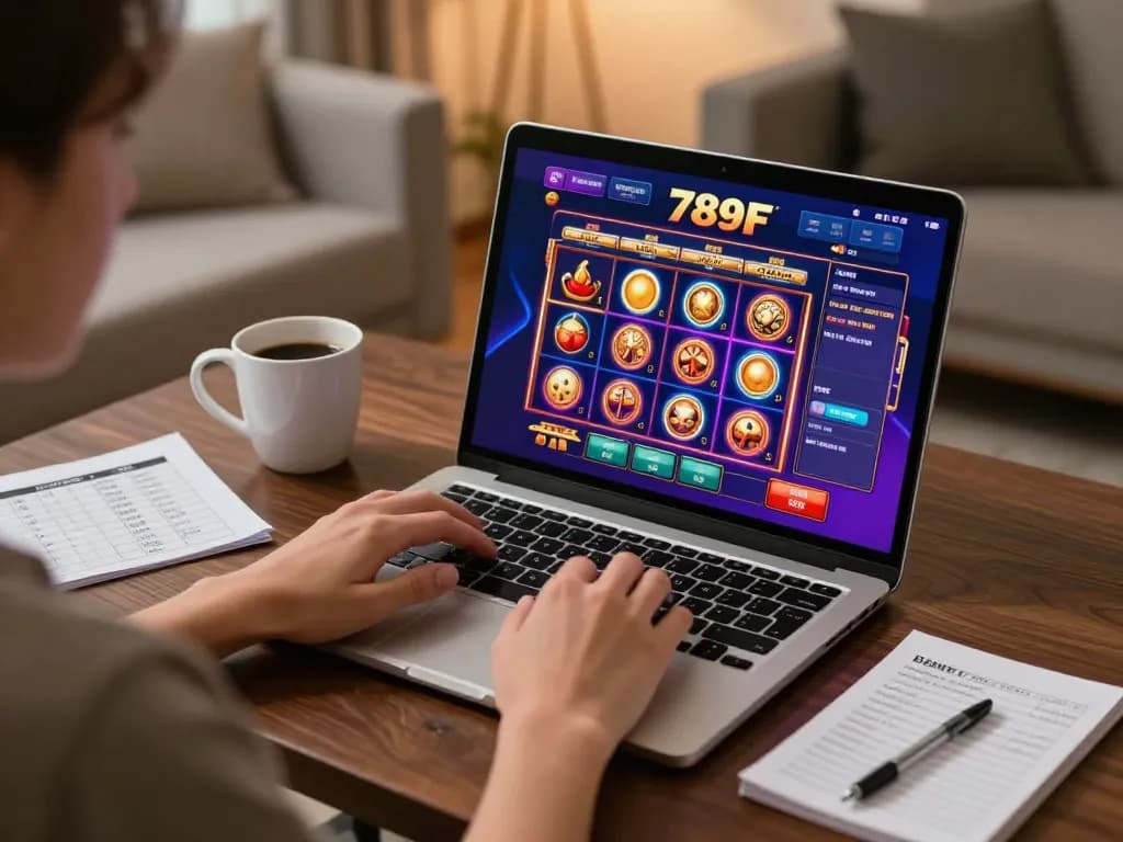 Engaged user exploring 789F casino games on a laptop in a comfortable home setting.