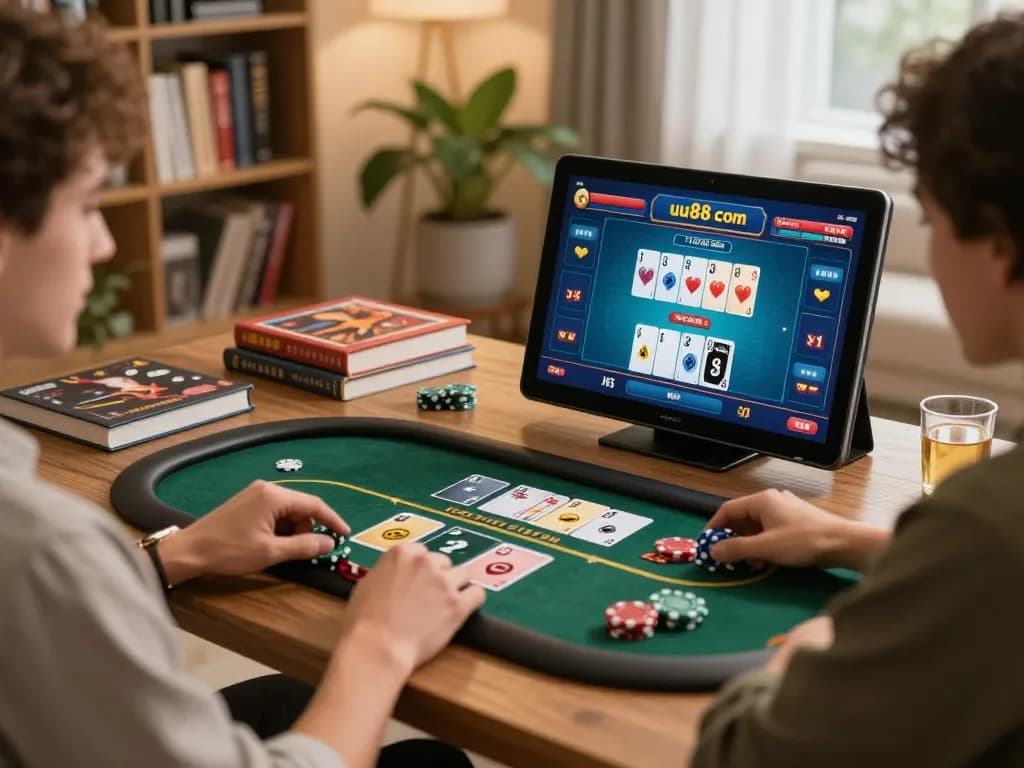 Engaging in online poker gameplay on uu88 com using a tablet in a cozy home setting