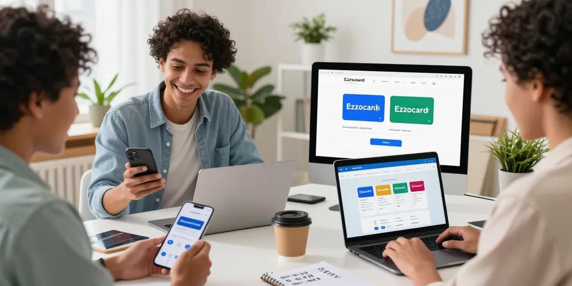 Individuals engaging with Ezzocards in an online shopping setting, showcasing a dynamic and modern financial experience.