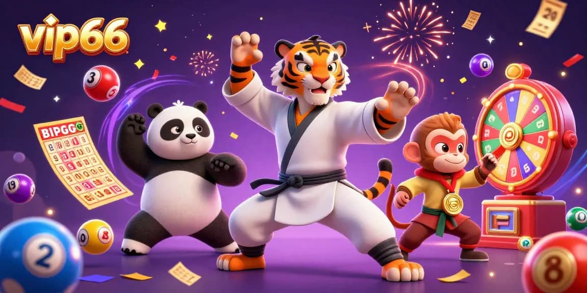Experience the excitement of vip66 with a vibrant casino scene featuring a kung fu tiger, panda, and monkey.