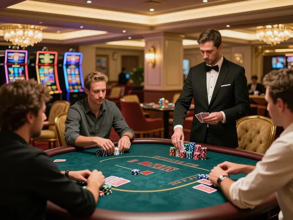 LU88 players engaging in a high-stakes poker game, showcasing excitement and skill amidst a luxurious casino setting.