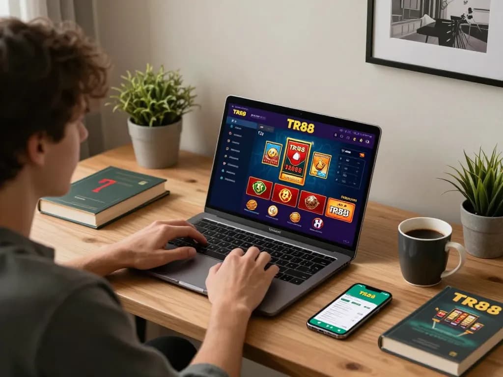 Engaged player using TR88 online casino on laptop with strategic notes and mobile app at home.