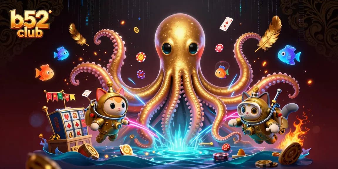 Bets are rolling at b52 club with a kraken and diving cat amidst vivid casino elements.