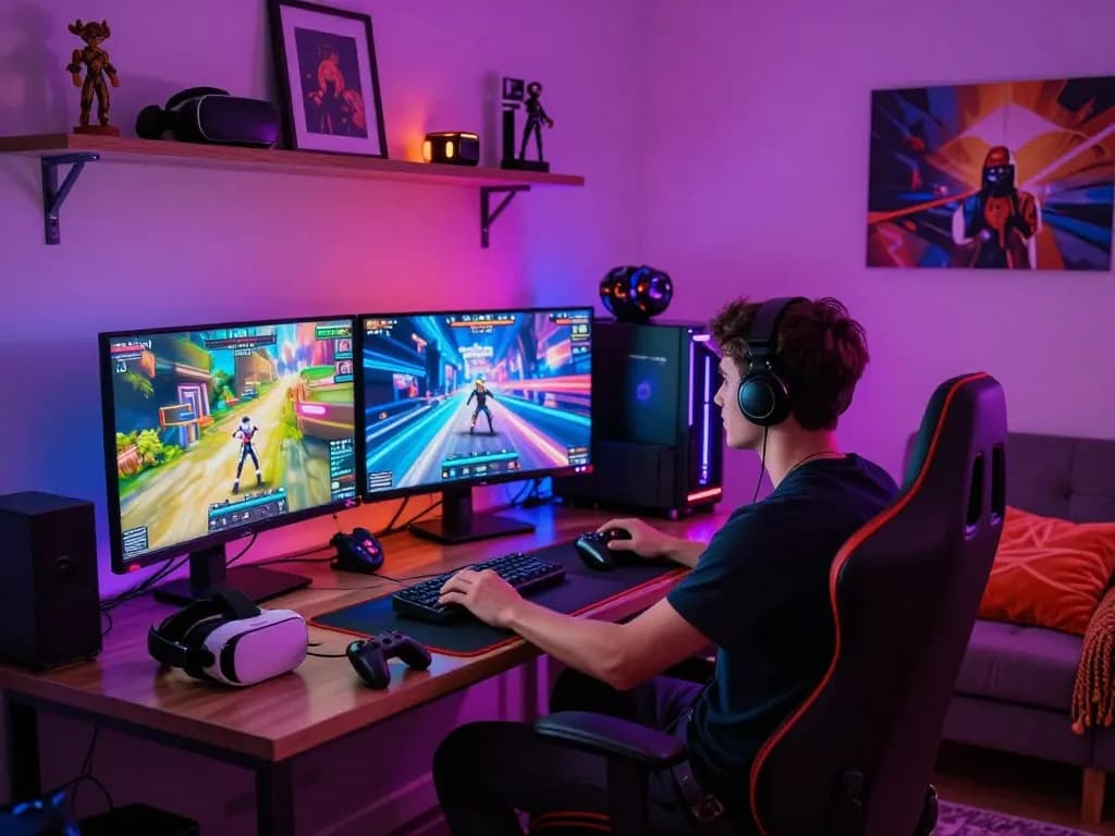 Gamer enjoying an exciting porn game on multiple screens in a colorful, immersive gaming setup.