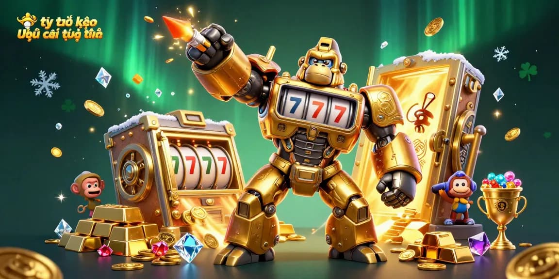 Engage with tỷ lệ kèo nhà cái trực tuyến in this vibrant 3D casino illustration, showcasing a gorilla mech amidst riches.