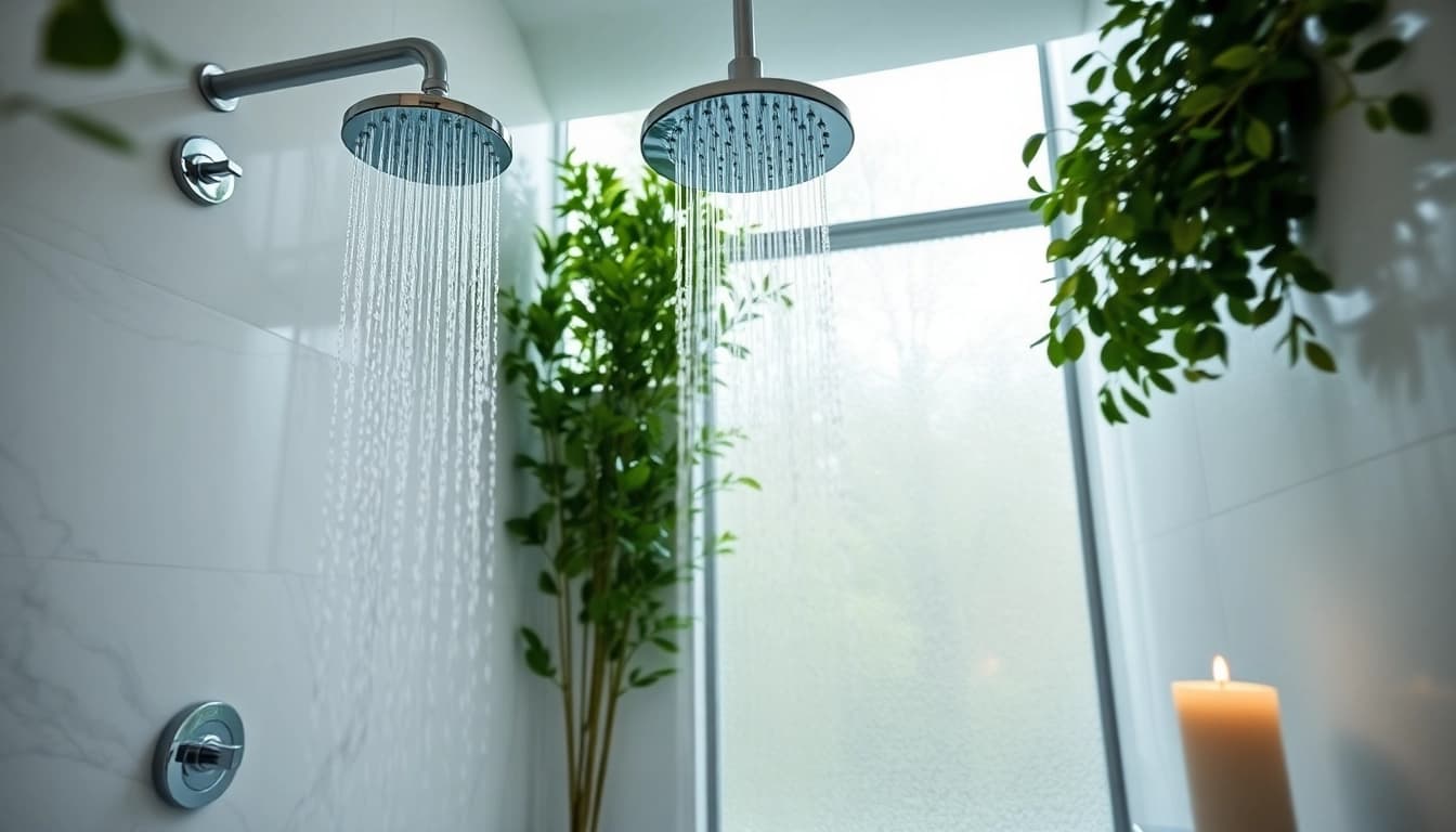 Experience elegant showers with a sleek rainfall showerhead in a modern bathroom.