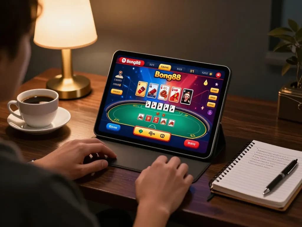 Bong88 user engaging with vibrant poker game interface on tablet in cozy setting