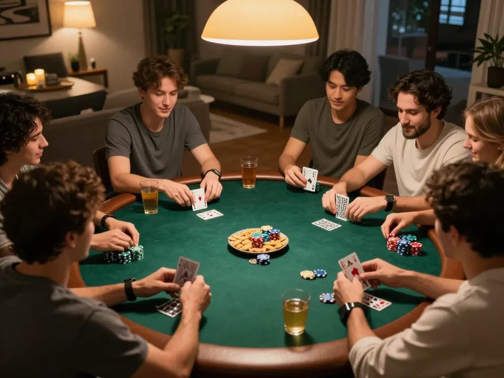 Friends enjoying a poker night with chips and cards in hands, showcasing 789pp gaming fun.