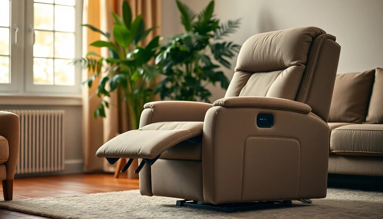 Experience relaxation in a lift recliner with heat and massage, featuring elegant design and cozy ambiance.