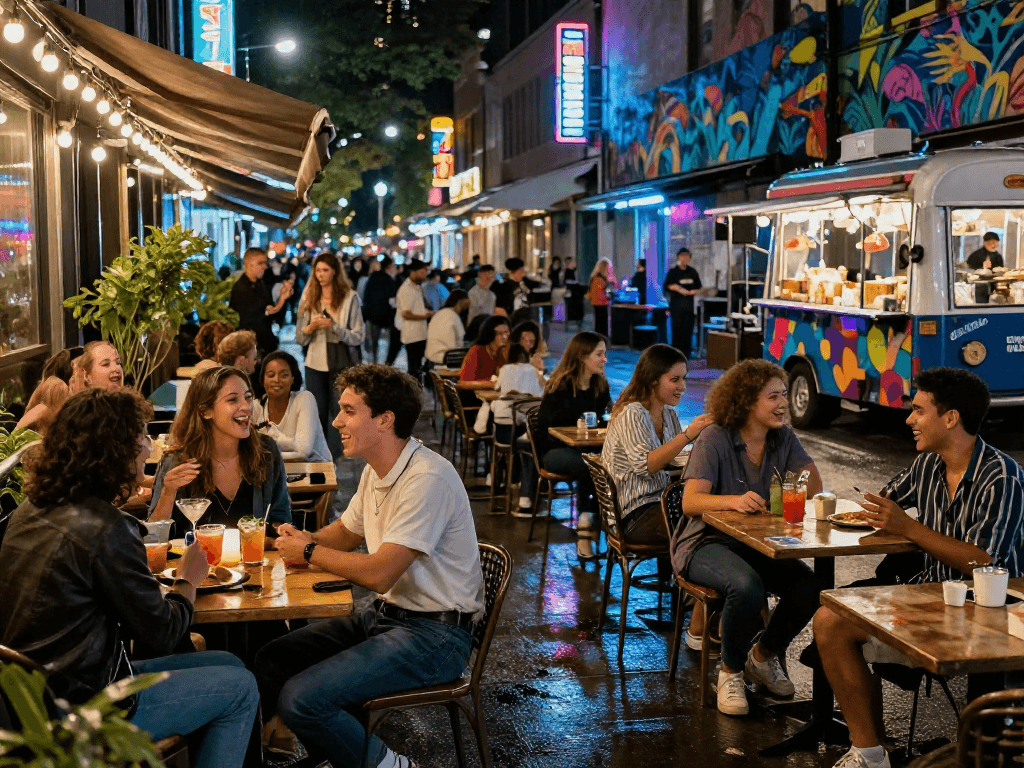 Urban nightlife scene where young adults enjoy city street activities, celebrating a vibrant social atmosphere.
