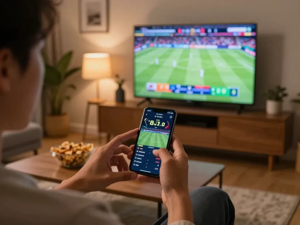 Player engaging in sports betting with Bl555 on smartphone during live game in cozy living room