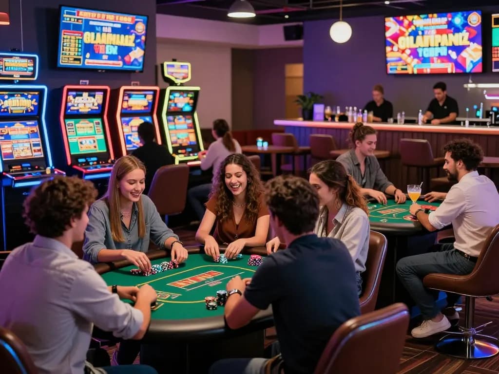 Friends enjoying an exciting gaming experience at nk88 casino, surrounded by vibrant machines and lively atmosphere.