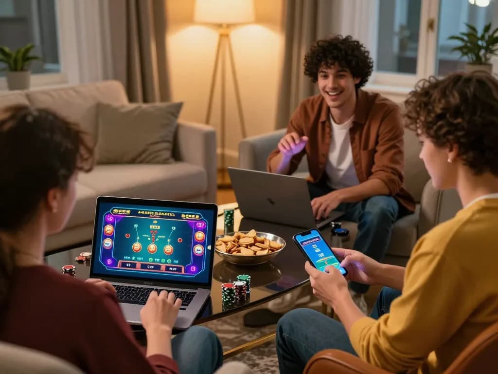 Players enjoying NK88 online casino blackjack on laptops in cozy living room.