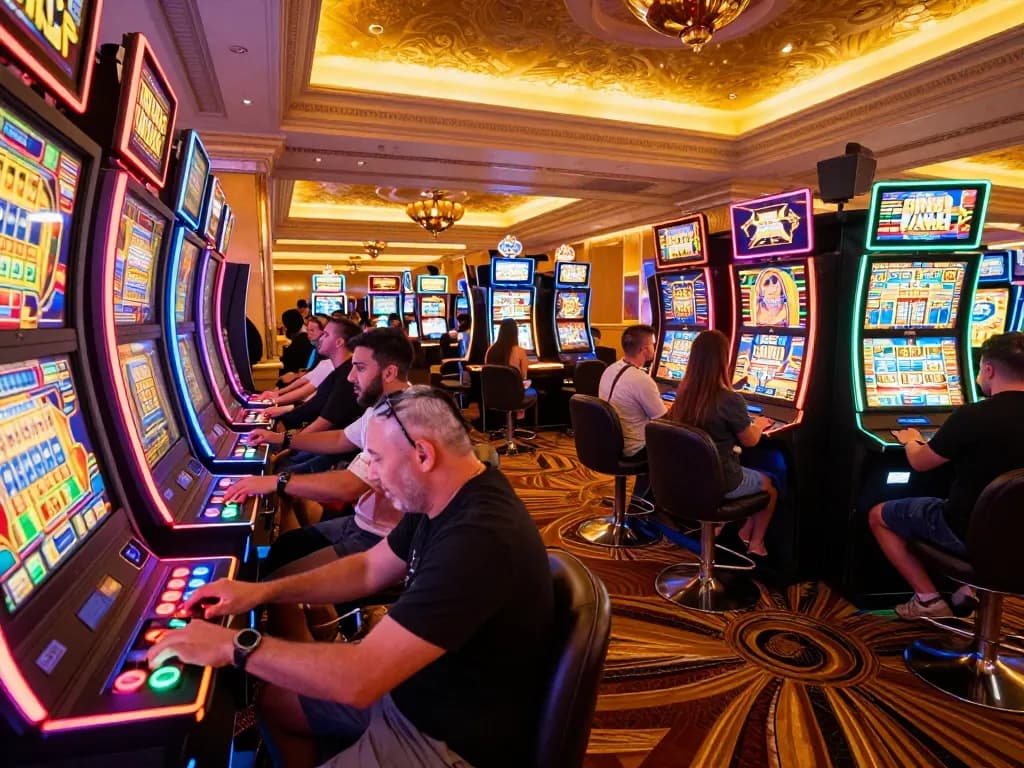 Players enjoying vibrant slot machines at the hit club event, showcasing lively atmosphere and excitement.