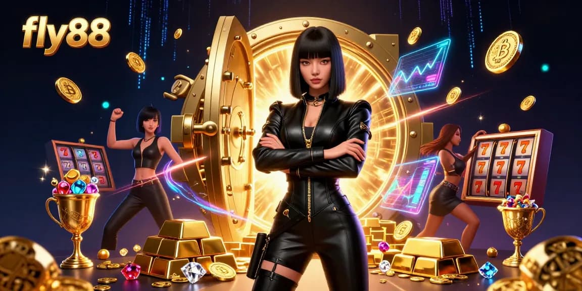 Fly88 showcases a stunning Asian woman in a casino setting with vibrant slot reels and gold treasures.