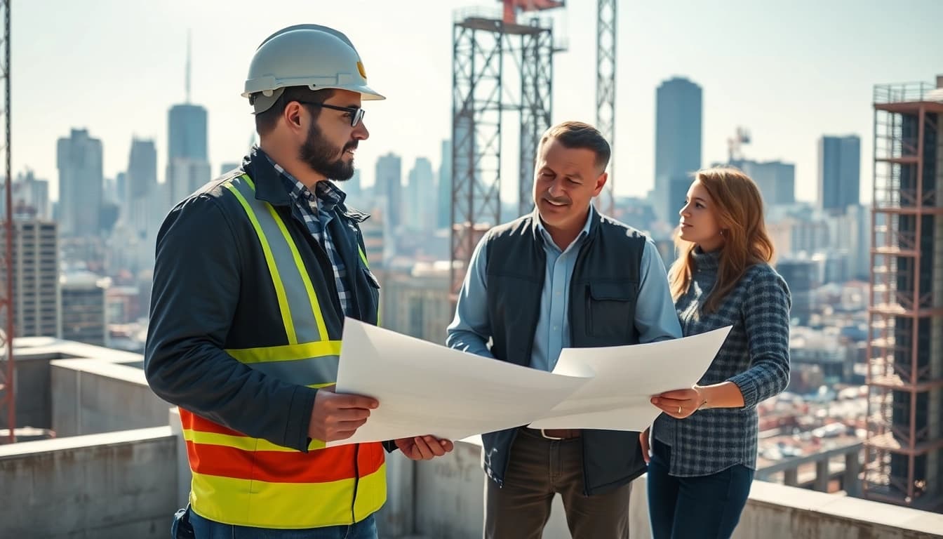 New York City General Contractor discussing plans with a client at a construction site.