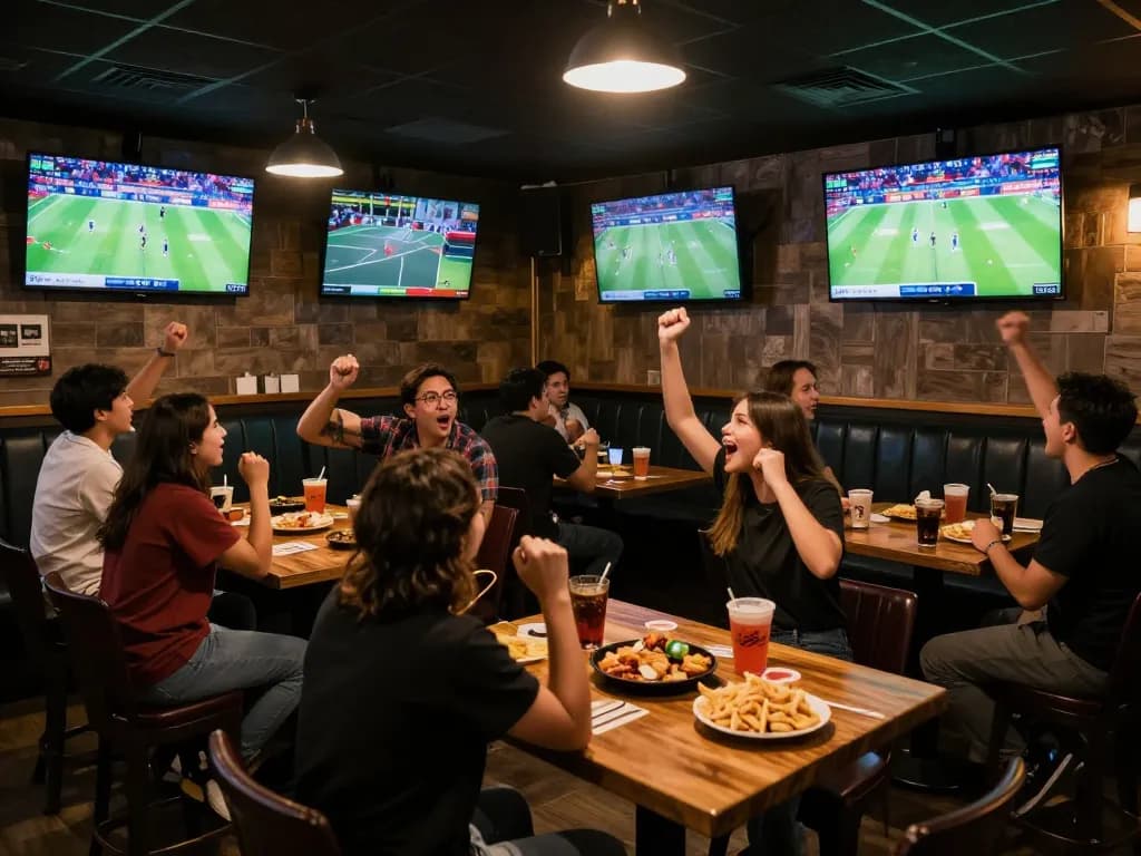 Betting strategies discussed at a bustling sports bar, emphasizing kèo nhà cái excitement during live games
