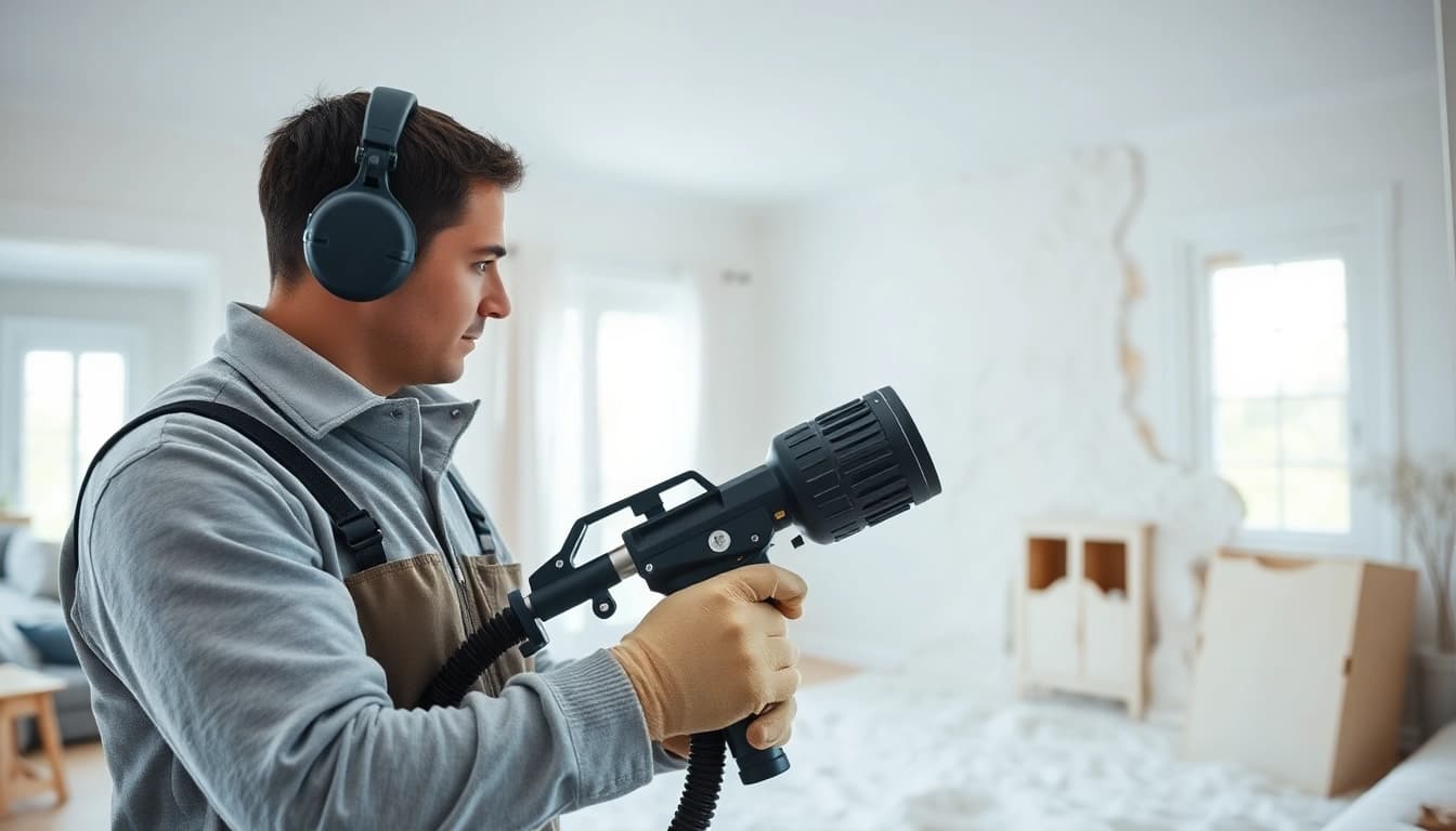 Expert performing spray foam removal near me with specialized tools in a bright residential setting.