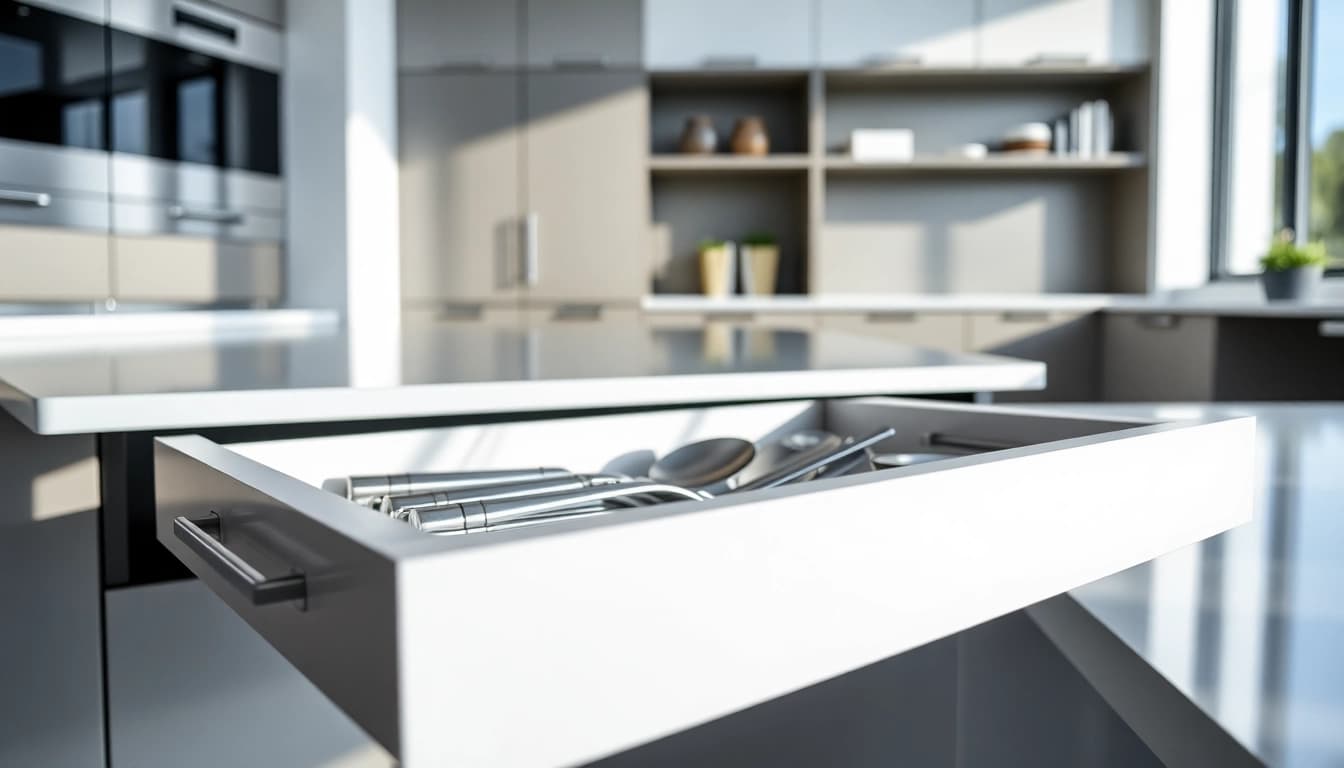 Experience the practicality of the Double Wall Drawer System featuring smooth slide mechanisms in a modern kitchen.