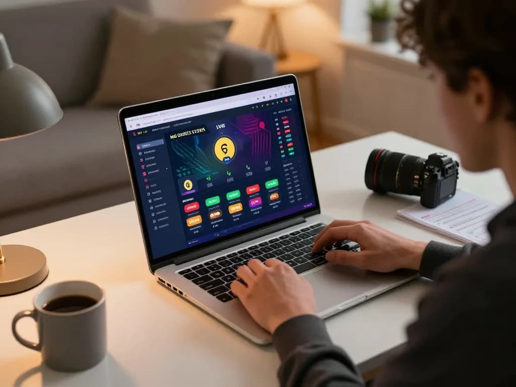Engaged user exploring betting options on 1gom online platform in a vibrant home setting