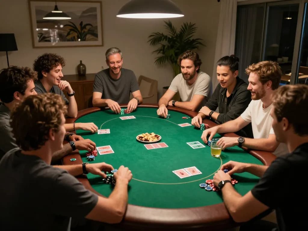 Hbet players strategizing during a lively home poker night, showcasing competitive atmosphere.