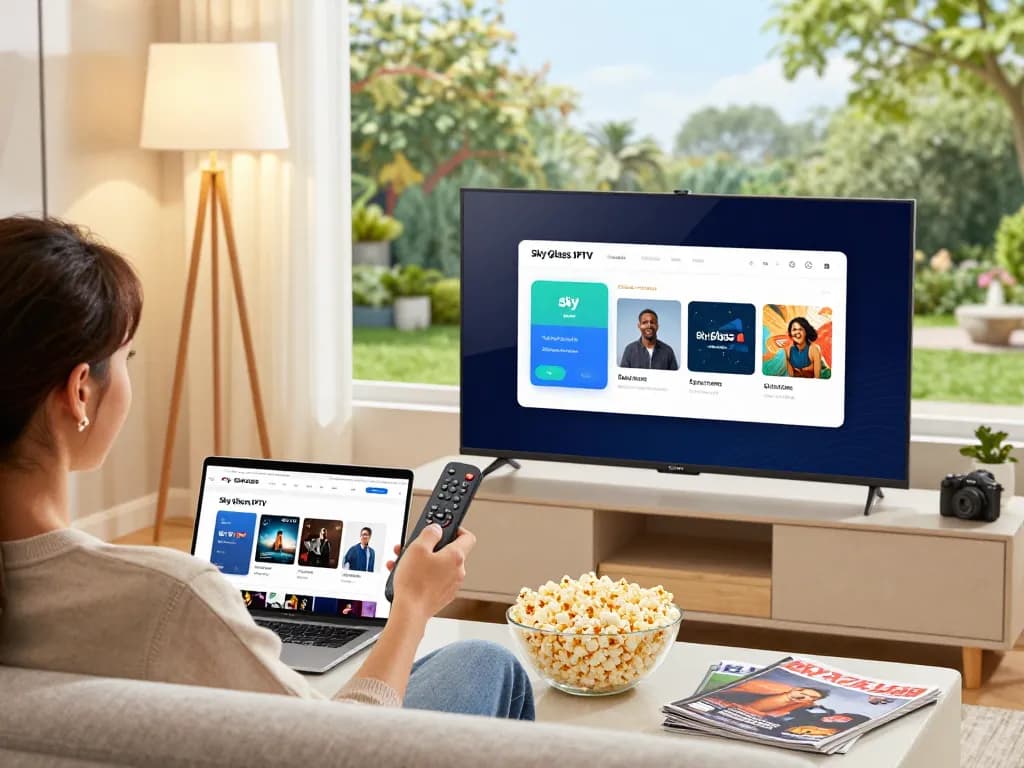 Sky Glass IPTV Updated APP 2026 installation on Firestick in a cozy living room for an enhanced viewing experience.