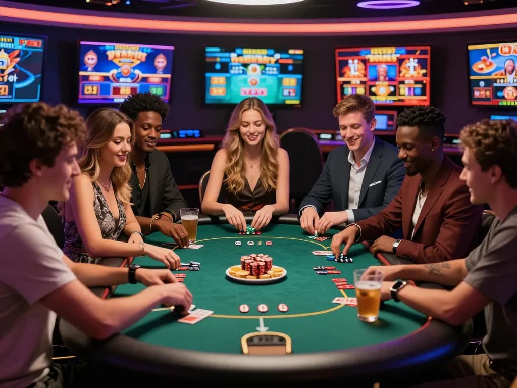 Friends enjoying az 888 online casino gaming in a vibrant virtual environment with drinks and snacks.