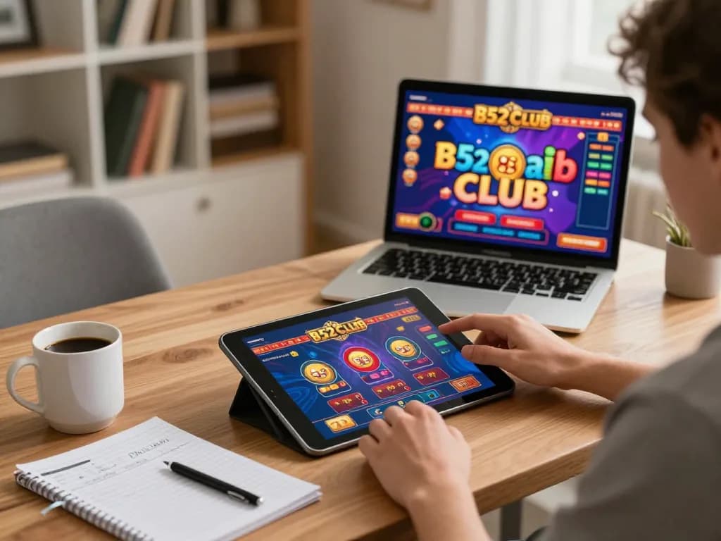 B52 Club player enjoying online casino gaming on a tablet in a cozy home environment.