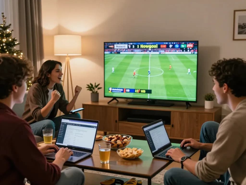 Friends enjoying sports betting with Nowgoal scores on TV in a cozy living room