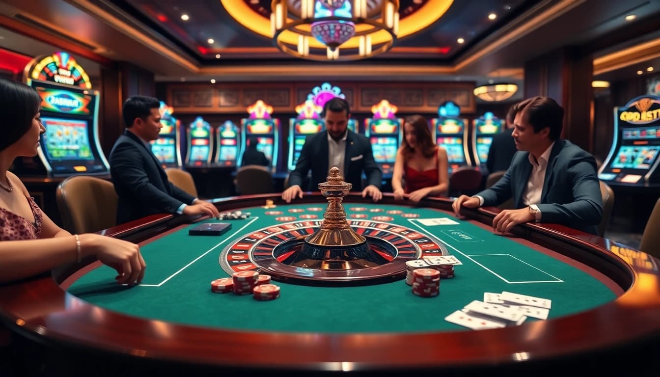 Players enjoy the thrilling atmosphere of 33win at a luxurious roulette table.