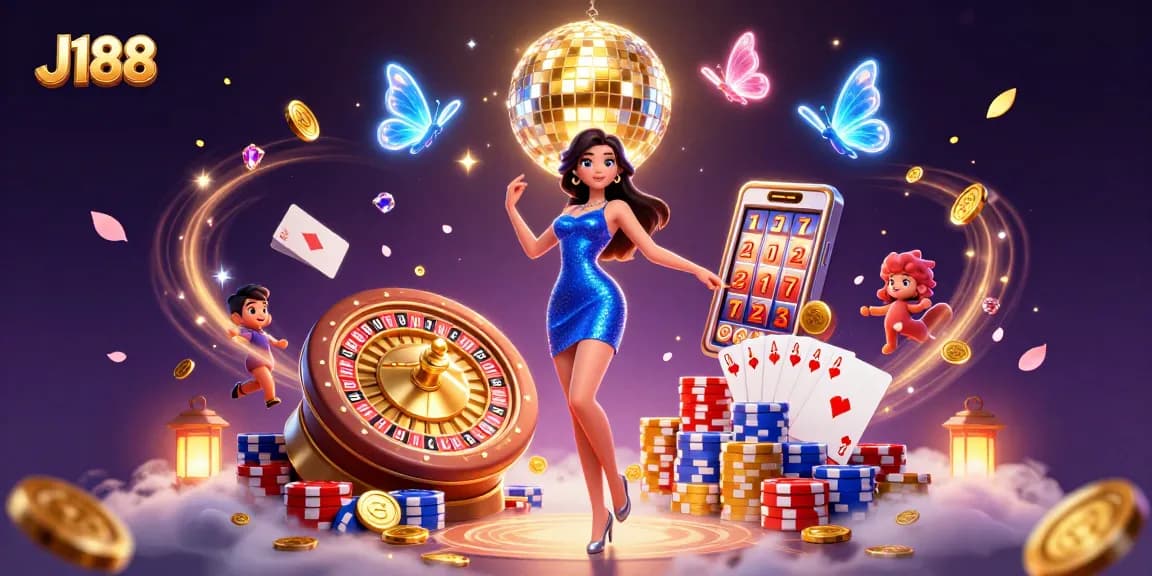 Experience thrilling gaming with J188's stunning casino atmosphere featuring vibrant characters and action.