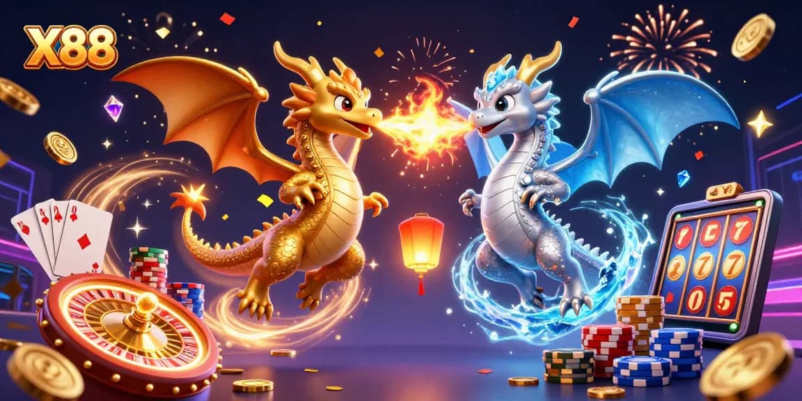 X88 offers thrilling gameplay with gold and silver dragons symbolizing luck in an exciting casino scene.