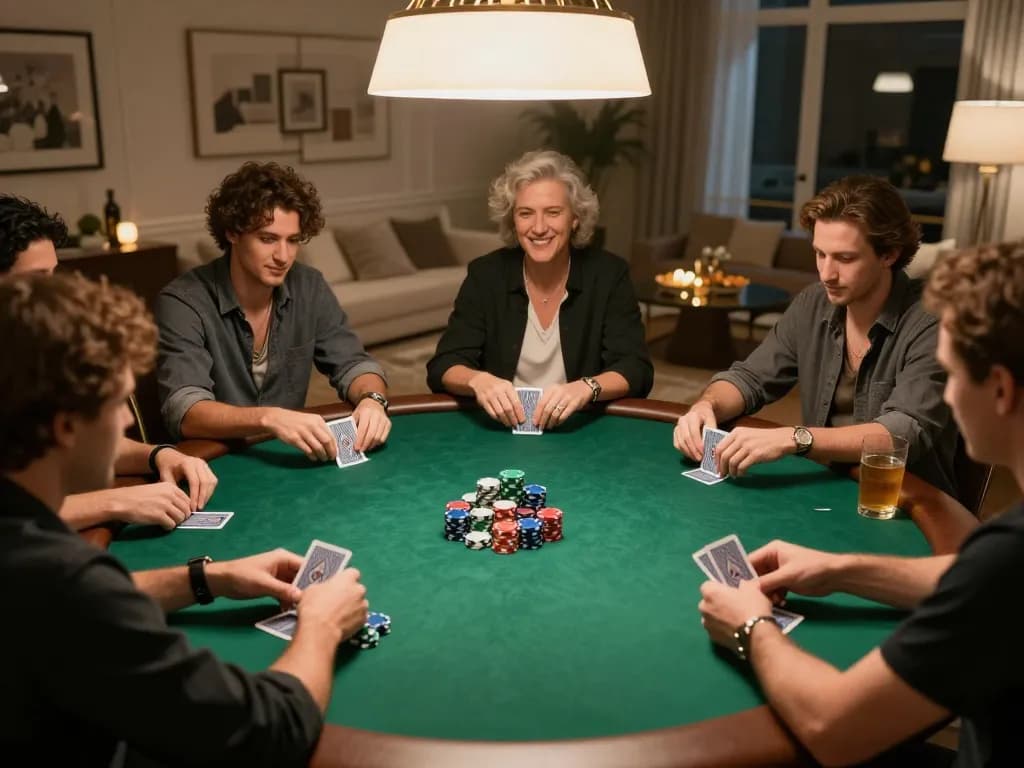 Players enjoy competitive poker in a vibrant home setting, showcasing 33win strategies
