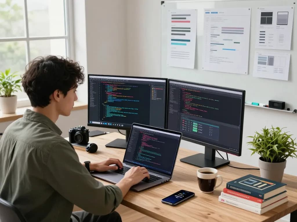 Developer coding on a laptop in a modern workspace, showcasing clawdbot's real-time task automation features.