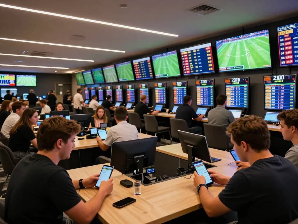Fans placing bets using mobile devices at a lively web cá độ bóng đá lounge with live match screens