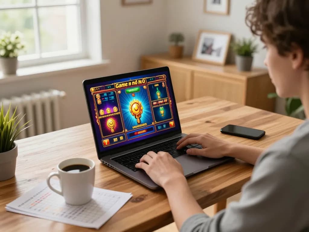 Engaging in Game nổ hũ đổi thưởng from home, a player examines online slot game graphics on a laptop.