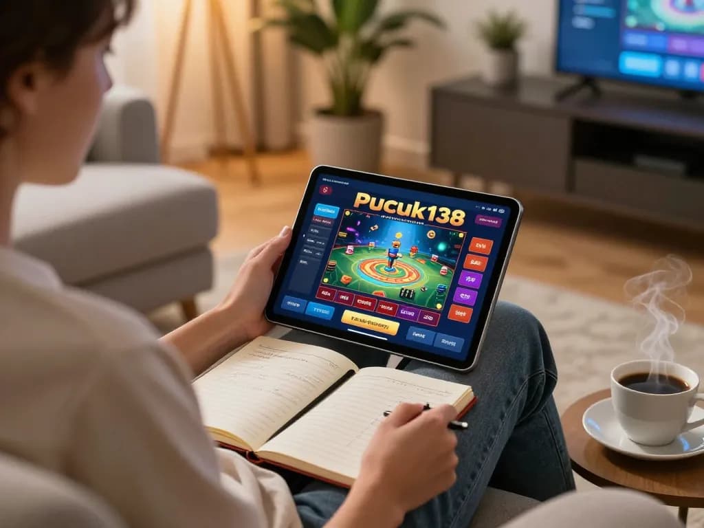 Player engaged in online gaming on pucuk138 tablet, cozy ambiance with betting notes.