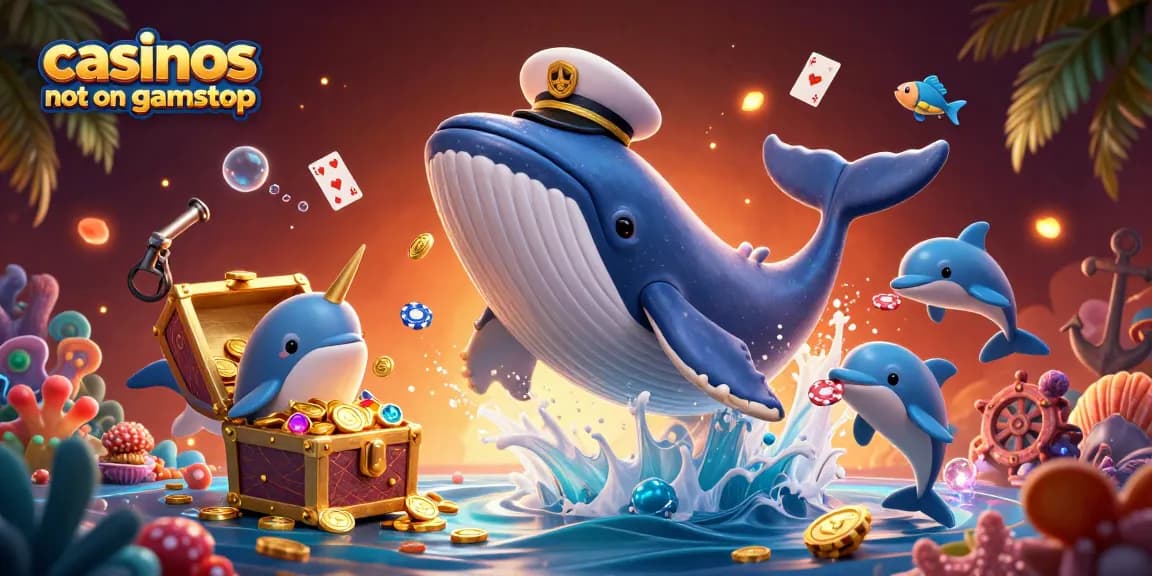 Engage with thrilling casinos not on gamstop in this vibrant underwater casino illustration featuring whales and dolphins.