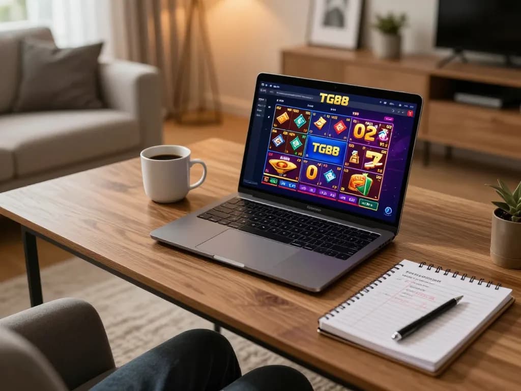 Players engaging with the TG88 casino platform on a sleek laptop, showcasing a vibrant online gaming setup
