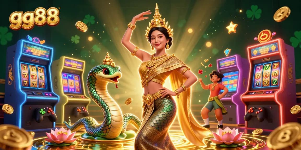 Engage in thrilling gaming at gg88 with vibrant casino elements and a beautiful Thai dancer.