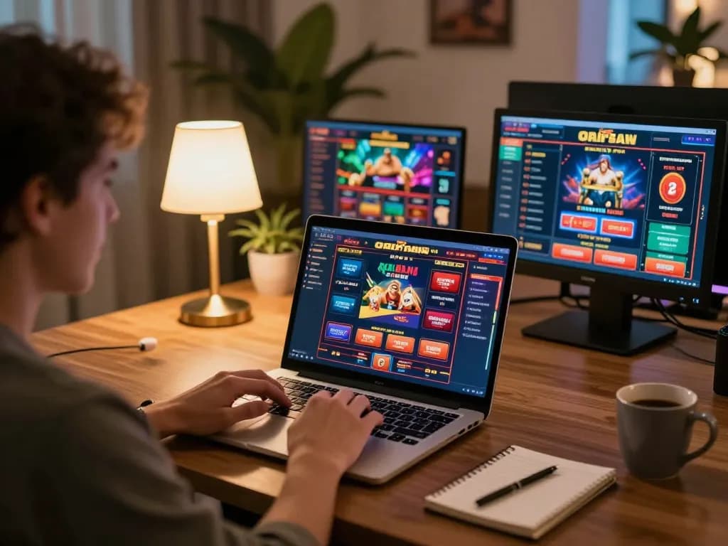 Player enjoying online casino games at CO88 with notebook and laptop in warm ambiance.