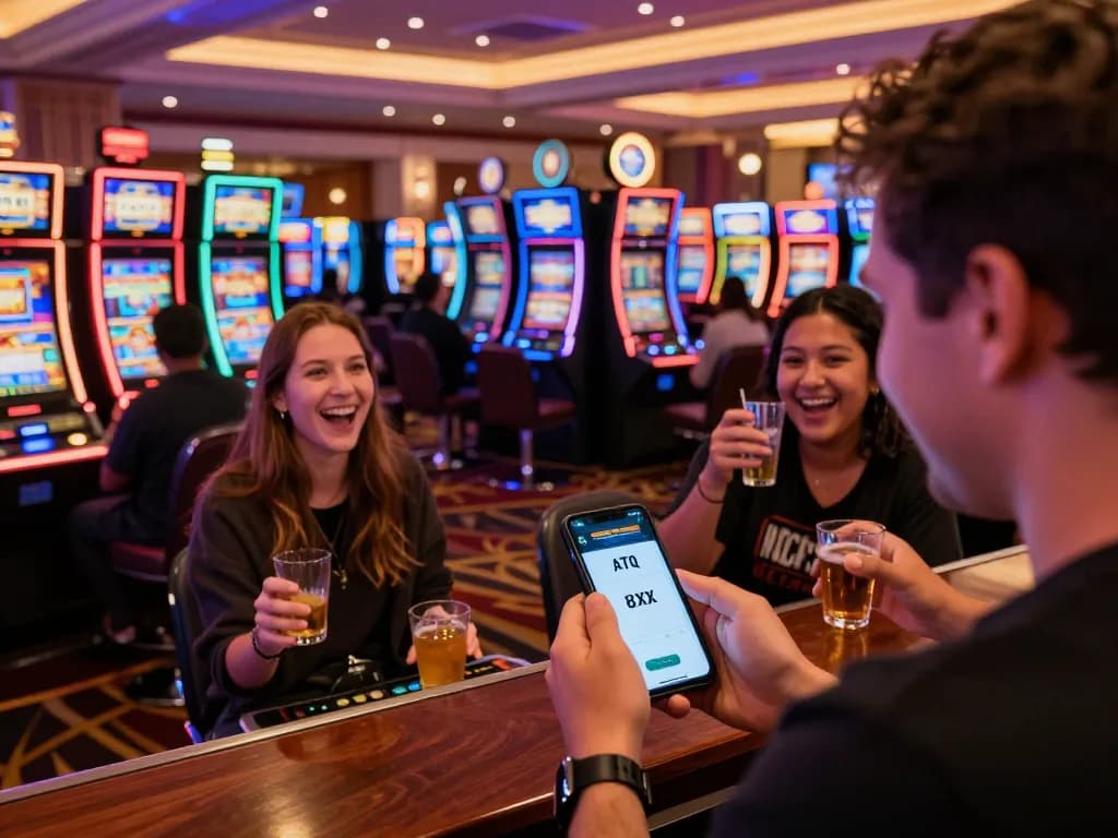 Explore engaging gameplay on ATQ 8xx mobile app amid vibrant casino floor excitement.