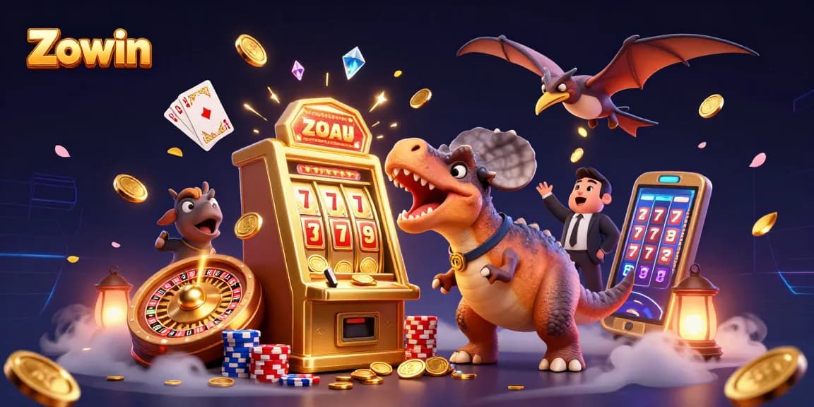 Zowin features a pachycephalosaurus winning jackpot coins at a casino, surrounded by vibrant game elements.